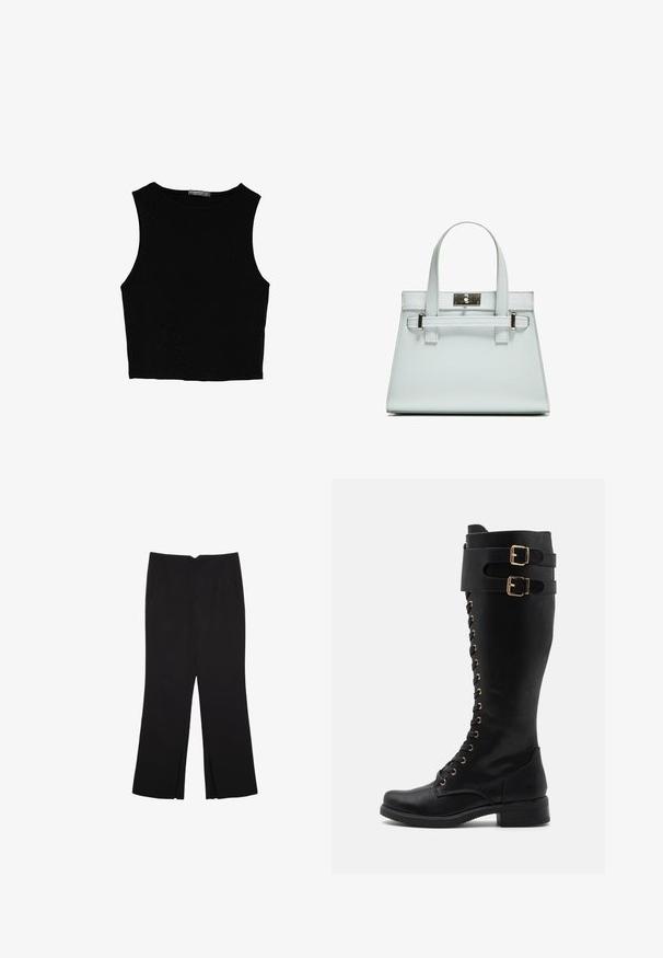 Svart ärmlös crop top i mjukt tyg, med rund hals och en ren, enkel design utan mönster eller detaljer.; Svarta byxor med rak passform, utrustade med framfickor och sidoklyvningar vid fållen. Tillverkade av mjukt, slätt tyg. Lämpliga för olika tillfällen.; Knähöga svarta läderstövlar med guldfärgad hårdvara, som har snörning fram, två spännband och en klack med blockform.; Ljusblå handväska med strukturerad design, två handtag och ett clasps i silverfärgad metall. Texturerat material och skarpa hörn.