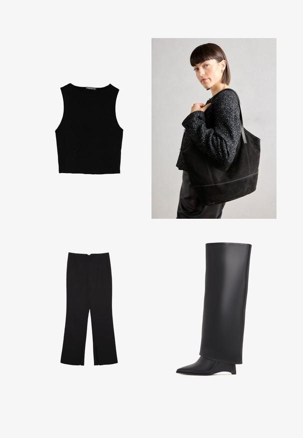 Černý bezsleeve crop top vyrobený z hladké tkaniny, s kulatým výstřihem a čistým, jednoduchým designem bez vzorů nebo kovových doplňků.; Černé kalhoty s rovným střihem, s předními kapsami a bočními rozparky na lemu. Vyrobené z jemné, hladké tkaniny. Vhodné na různé příležitosti.; Černé kozačky po kolena vyrobené z hladké kůže, s špičatou špičkou a trojúhelníkovým podpatkem. Navrženy s elegantním, hladkým svrškem.; Černá semišová taška přes rameno s hladkým povrchem, strukturovaným tvarem a kontrastním prošíváním. Má dlouhé popruhy pro nošení přes rameno.