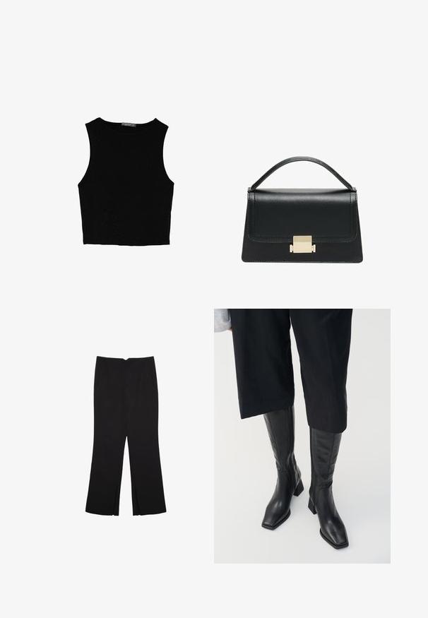Sort ærmeløs crop top lavet af glat stof, med rund hals og et rent, enkelt design uden mønstre eller hardware.; Sorte bukser med lige pasform, der har frontlommer og slidser i kanten. Lavet af blødt, glat stof. Velegnet til forskellige anledninger.; Sorte læder støvler til knæene med firkantet tå og blokhælc. Har en sidezipper og glat tekstur.; Sort læderhandtaske med et struktureret design, topbærerhåndtag og en detalje i guldfarvet metalklap på fronten. Glat tekstur, minimal syning.