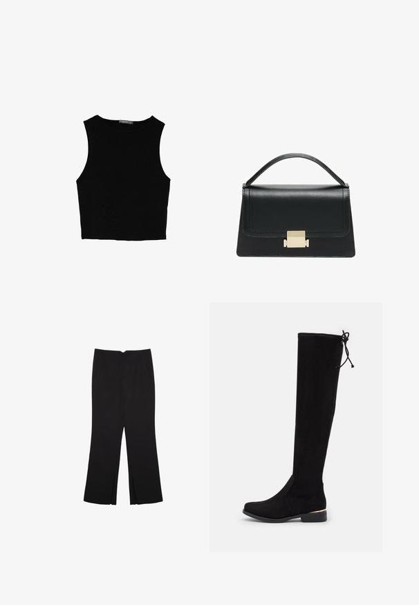 Czarny bezrękawnik crop top z gładkiego materiału, z okrągłym dekoltem i czystym, prostym wzornictwem, bez wzorów czy metalowych elementów.; Czarne spodnie o prostym kroju, z przednimi kieszeniami i bocznymi rozcięciami na dole. Wykonane z miękkiego, gładkiego materiału. Odpowiednie na różne okazje.; Czarne kozaki za kolano, wykonane z miękkiego materiału przypominającego zamsz, z płaskim obcasem, akcentem na kostce i cienkim sznurkiem na górze do regulacji.; Czarna skórzana torebka o zorganizowanej konstrukcji, z górną rączką i złotym metalowym zapięciem z przodu. Gładka faktura, minimalne przeszycia.