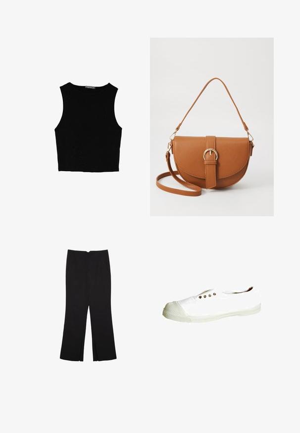 Black sleeveless crop top made of smooth fabric, featuring a round neck and a clean, simple design without patterns or hardware.; Black trousers with a straight fit, featuring front pockets and side slits at the hem. Made of soft, smooth fabric. Suitable for various occasions.; White canvas sneaker with a rubber toe cap, five metal eyelets, and a textured rubber sole. Simple design, lightweight construction.; Brown leather crossbody bag with a curved shape, gold hardware, and a buckle accent. Features a detachable shoulder strap.