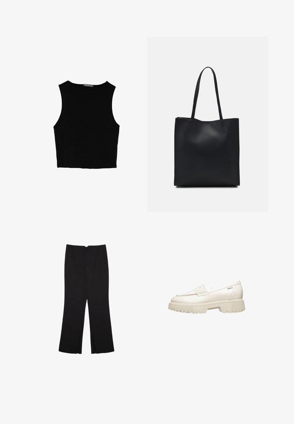 Black sleeveless crop top made of smooth fabric, featuring a round neck and a clean, simple design without patterns or hardware.; Black trousers with a straight fit, featuring front pockets and side slits at the hem. Made of soft, smooth fabric. Suitable for various occasions.; White leather loafer-style shoe with a chunky, textured sole and a small strap detail across the top. Minimalist design and smooth finish.; Black leather tote bag with smooth texture, rectangular shape, and two long handles. No visible hardware or embellishments.