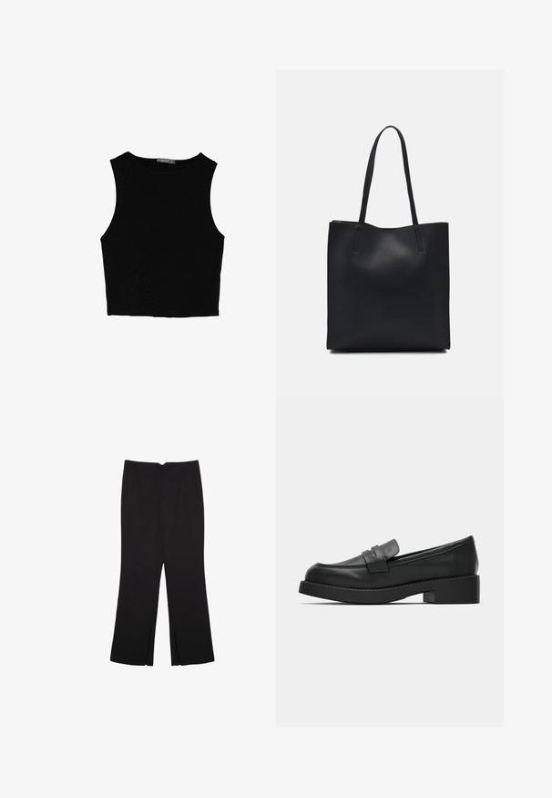 Schwarzes ärmelloses Crop-Top aus glattem Stoff, mit rundem Ausschnitt und einem klaren, schlichten Design ohne Muster oder Beschläge.; Schwarze Hose mit geradem Schnitt, ausgestattet mit Fronttaschen und Seitenschlitzen am Saum. Hergestellt aus weichem, glattem Stoff. Geeignet für verschiedene Anlässe.; Schwarze Lederloafers mit runder Spitze, flacher Plattformsohle und gesteppten Details über dem Schaft. Einfaches, minimalistisches Design.; Schwarze Laptoptasche aus Leder mit glatter Textur, rechteckiger Form und zwei langen Griffen. Keine sichtbaren Beschläge oder Verzierungen.