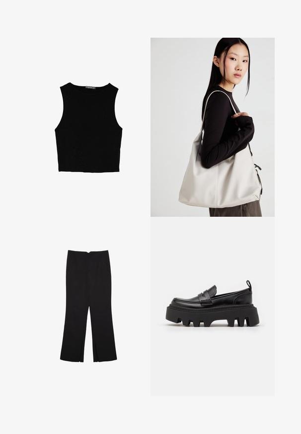 Černý bezsleeve crop top vyrobený z hladké tkaniny, s kulatým výstřihem a čistým, jednoduchým designem bez vzorů nebo kovových doplňků.; Černé kalhoty s rovným střihem, s předními kapsami a bočními rozparky na lemu. Vyrobené z jemné, hladké tkaniny. Vhodné na různé příležitosti.; Černé kožené mokasíny s robustní černou gumovou podrážkou, která je vybavena protiskluzovými drážkami a dekoračním páskem přes přední část.; Beige kabelka vyrobená z měkkého materiálu, s volným designem, prošívanými detaily a dvěma ramenními popruhy. Vhodná pro každodenní použití.