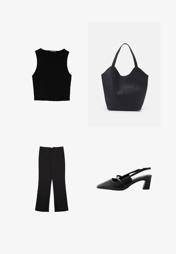 Schwarzes ärmelloses Crop-Top aus glattem Stoff, mit rundem Ausschnitt und einem klaren, schlichten Design ohne Muster oder Beschläge.; Schwarze Hose mit geradem Schnitt, ausgestattet mit Fronttaschen und Seitenschlitzen am Saum. Hergestellt aus weichem, glattem Stoff. Geeignet für verschiedene Anlässe.; Schwarze Leder-Slingback-Schuhe mit spitzem Zehenbereich, ausgestattet mit gekreuzten Riemen und einem Blockabsatz in mittlerer Höhe. Glatte Textur und minimalistisches Design.; Schwarze Tote-Bag aus glattem Leder, mit einem abgerundeten, offenen Oberteil, zwei Schulterträgern und einem minimalistischen Design.
