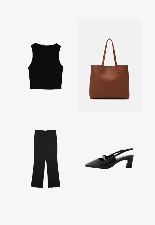 Top corto senza maniche nero realizzato in tessuto liscio, con scollatura rotonda e un design pulito e semplice, privo di pattern o accessori.; Pantaloni neri a gamba dritta, con tasche frontali e spacchi laterali all'orlo. Realizzati in tessuto morbido e liscio. Adatti a diverse occasioni.; Scarpa slingback in pelle nera con punta affusolata, caratterizzata da cinturini incrociati e tacco a blocco di media altezza. Texture liscia e design minimalista.; Borsa tote in pelle marrone con texture liscia, design con apertura superiore e due spallacci. Presenta cuciture minime e nessun hardware visibile.