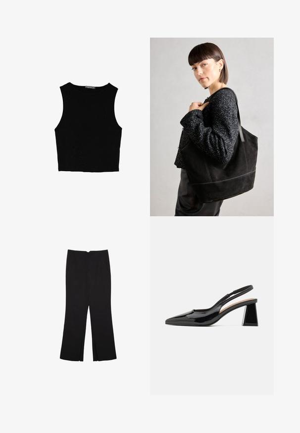 Černý bezsleeve crop top vyrobený z hladké tkaniny, s kulatým výstřihem a čistým, jednoduchým designem bez vzorů nebo kovových doplňků.; Černé kalhoty s rovným střihem, s předními kapsami a bočními rozparky na lemu. Vyrobené z jemné, hladké tkaniny. Vhodné na různé příležitosti.; Černé lakované lodičky na podpatku se špičatou špičkou, které mají jedinečný geometrický blokový podpatek a hladkou strukturu. Nastavitelný pásek pro podporu.; Černá semišová taška přes rameno s hladkým povrchem, strukturovaným tvarem a kontrastním prošíváním. Má dlouhé popruhy pro nošení přes rameno.