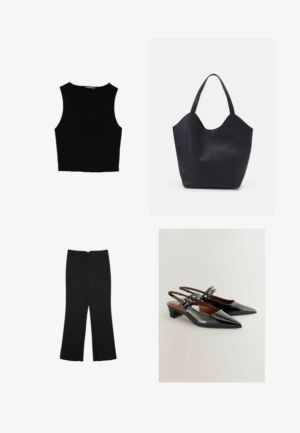 Schwarzes ärmelloses Crop-Top aus glattem Stoff, mit rundem Ausschnitt und einem klaren, schlichten Design ohne Muster oder Beschläge.; Schwarze Hose mit geradem Schnitt, ausgestattet mit Fronttaschen und Seitenschlitzen am Saum. Hergestellt aus weichem, glattem Stoff. Geeignet für verschiedene Anlässe.; Schwarze Lackleder-Slingback-Schuhe mit spitzem Zehenbereich, mittelhohem Absatz und dekorativen Schnallenriemen. Glatte Textur mit elegantem Design.; Schwarze Tote-Bag aus glattem Leder, mit einem abgerundeten, offenen Oberteil, zwei Schulterträgern und einem minimalistischen Design.