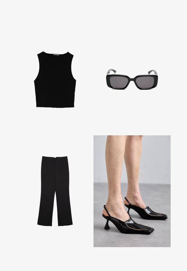 Črn brez rokavov crop top, izdelan iz gladkega materiala, z okroglim izrezom in čistim, preprostim dizajnom brez vzorcev ali dodatkov.; Črne hlače ravnega kroja z naglavnimi žepi in stranskimi razporki na robu. Narejene iz mehke, gladke tkanine. Primerne za različne priložnosti.; MIISTA ABIGAIL - Klasične pete - black; Črne pravokotne sončne očala z temnimi lečami, gladkim plastičnim okvirjem in ukrivljenimi nogicami. Oblika je robustna in minimalistična.