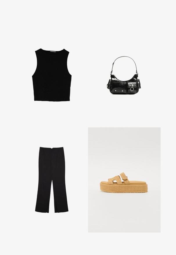 Black sleeveless crop top made of smooth fabric, featuring a round neck and a clean, simple design without patterns or hardware.; Black trousers with a straight fit, featuring front pockets and side slits at the hem. Made of soft, smooth fabric. Suitable for various occasions.; Steve Madden BIGMISSILE - Slippers - beige; Black patent leather handbag with a curved shape, one shoulder strap, front pockets, and silver-tone hardware accents.