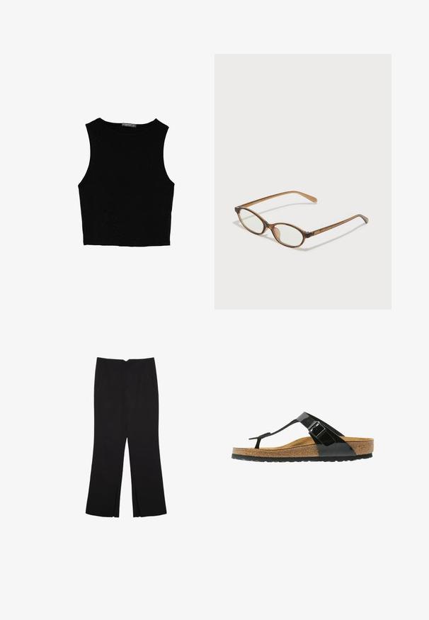 Sort ærmeløs crop top lavet af glat stof, med rund hals og et rent, enkelt design uden mønstre eller hardware.; Sorte bukser med lige pasform, der har frontlommer og slidser i kanten. Lavet af blødt, glat stof. Velegnet til forskellige anledninger.; Sorte patentlæder tongsandaler med justerbar spænde, korkfodseng og gummi sål. Har et strømlinet design med en struktureret fodseng.; Brune skildpaddemønstrede briller med ovale linser, tynde arme og gennemsigtige accenter. Har et diskret logo på stangen. Slankt, let design.