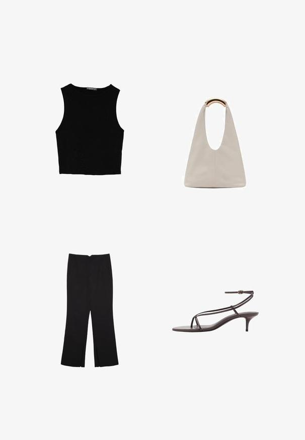 Czarny bezrękawnik crop top z gładkiego materiału, z okrągłym dekoltem i czystym, prostym wzornictwem, bez wzorów czy metalowych elementów.; Czarne spodnie o prostym kroju, z przednimi kieszeniami i bocznymi rozcięciami na dole. Wykonane z miękkiego, gładkiego materiału. Odpowiednie na różne okazje.; Brązowe skórzane sandały na obcasie z cienkimi paskami, minimalistyczny design, odkryty palec i smukły obcas typu stiletto. Posiadają regulowany pasek na kostkę.; Jasnoszara skórzana torba o kształcie litery U z zakrzywionym metalowym uchwytem. Gładka tekstura z minimalnymi szwami i bez widocznych wzorów.