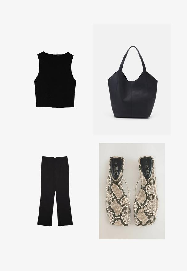 Top court sans manches noir en tissu lisse, avec un col rond et un design épuré, simple, sans motifs ni accessoires.; Pantalon noir avec une coupe droite, doté de poches avant et d'éclairs sur l'ourlet. Fabriqué en tissu doux et lisse. Convient à diverses occasions.; Des sandales plates avec un motif serpent dans des nuances de beige et de gris, avec un design à lanières et une semelle intérieure lisse noire portant l'étiquette "NEXT."; Sac fourre-tout noir en cuir lisse, doté d'un haut ouvert et courbé avec deux brides d'épaule et un design minimaliste.