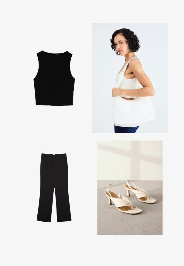 Czarny bezrękawnik crop top z gładkiego materiału, z okrągłym dekoltem i czystym, prostym wzornictwem, bez wzorów czy metalowych elementów.; Czarne spodnie o prostym kroju, z przednimi kieszeniami i bocznymi rozcięciami na dole. Wykonane z miękkiego, gładkiego materiału. Odpowiednie na różne okazje.; Białe skórzane szpilki slingback z przekręconym przodem, odkrytymi palcami i średnim blokowym obcasem. Gładka faktura i minimalistyczne akcenty.; Biała torba na ramię wykonana z gładkiego materiału, z owalnym wycięciem i szerokim paskiem. Prosta i nowoczesna, bez widocznych elementów ozdobnych.
