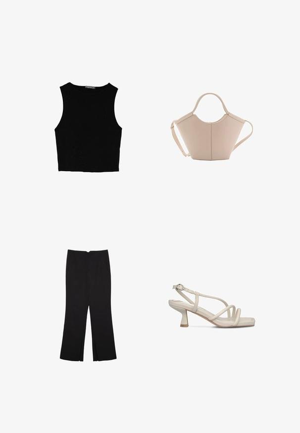 Schwarzes ärmelloses Crop-Top aus glattem Stoff, mit rundem Ausschnitt und einem klaren, schlichten Design ohne Muster oder Beschläge.; Schwarze Hose mit geradem Schnitt, ausgestattet mit Fronttaschen und Seitenschlitzen am Saum. Hergestellt aus weichem, glattem Stoff. Geeignet für verschiedene Anlässe.; Beige Riemensandalette mit Blockabsatz, glattem synthetischem Material, quadratischer Zehenpartie und verstellbarem Knöchelriemen mit silberner Schnalle.; Beige Lederhandtasche mit einer einzigartigen Form, die zwei kurze Henkel und einen langen verstellbaren Riemen aufweist. Glatte Textur mit minimalen Hardware-Elementen.