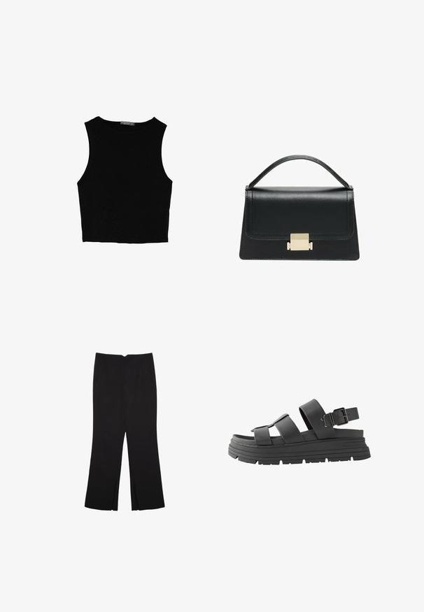 Črn brez rokavov crop top, izdelan iz gladkega materiala, z okroglim izrezom in čistim, preprostim dizajnom brez vzorcev ali dodatkov.; Črne hlače ravnega kroja z naglavnimi žepi in stranskimi razporki na robu. Narejene iz mehke, gladke tkanine. Primerne za različne priložnosti.; Črne sandale na platformi z dvema prilagodljivima trakovoma in sponko. Narejene iz gladkega usnja z strukturiranim gumijastim podplatom.; Črna usnjena torbica z strukturiranim dizajnom, zgornjim ročajem in zlate kovinske sponke na sprednji strani. Gladka tekstura, minimalno šivanje.