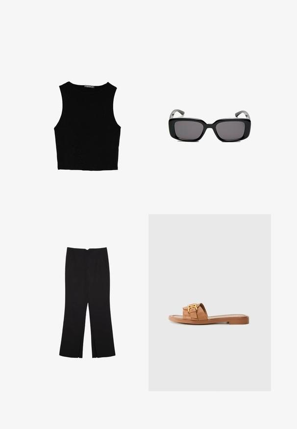 Black sleeveless crop top made of smooth fabric, featuring a round neck and a clean, simple design without patterns or hardware.; Black trousers with a straight fit, featuring front pockets and side slits at the hem. Made of soft, smooth fabric. Suitable for various occasions.; Brown leather slide sandal with wide strap, gold hardware accent, flat sole, and minimalist design. Suitable for casual wear.; Black rectangular sunglasses with dark lenses, smooth plastic frame, and curved temples. The design is chunky with a minimalist aesthetic.