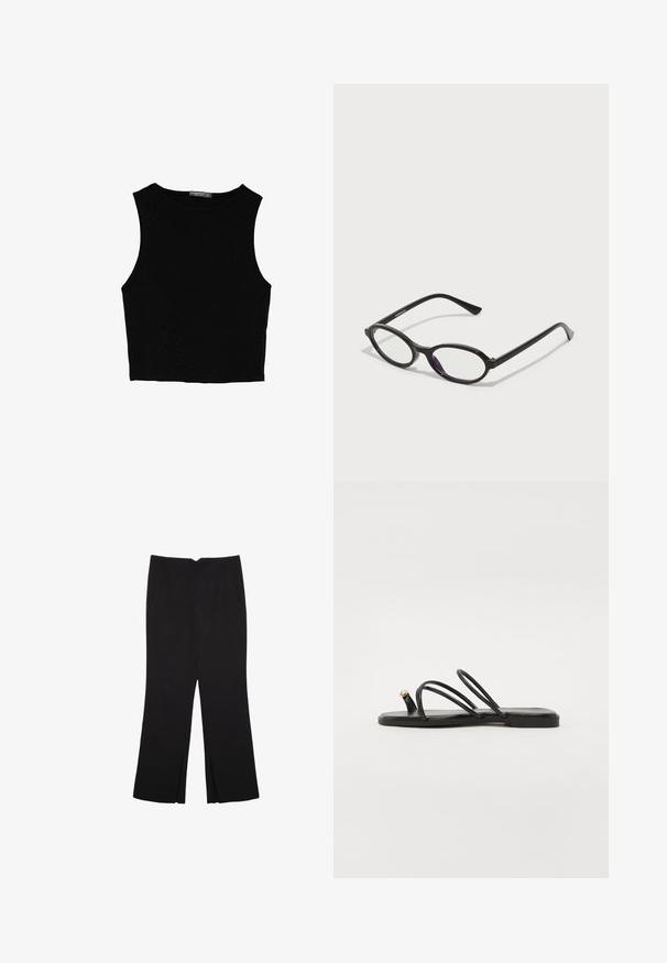 Čierny bezrukávový crop top vyrobený z hladkej tkaniny, so zaobleným výstrihom a čistým, jednoduchým dizajnom bez vzorov alebo kovania.; Čierne nohavice so strihom rovného strihu, s prednými vreckami a bočnými rozparkami na leme. Vyrobené z mäkkej, hladkej tkaniny. Vhodné na rôzne príležitosti.; Call it Spring LUNAROSE - Sandále T-bar - black; Čierne okuliare s oválnym rámom a priesvitnými fialovými akcentmi na sklách. Rámy majú matný povrch a štíhle, priame nožičky.