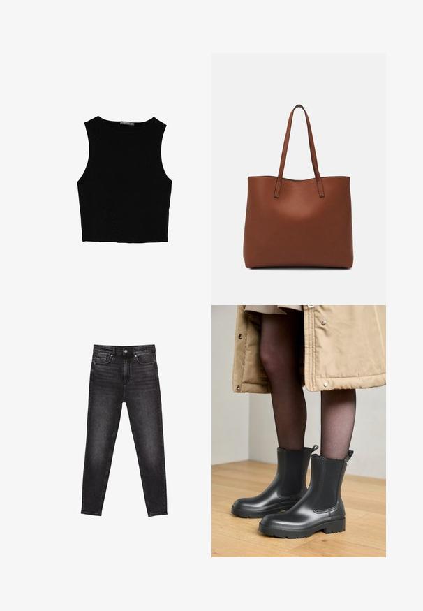 Top corto senza maniche nero realizzato in tessuto liscio, con scollatura rotonda e un design pulito e semplice, privo di pattern o accessori.; I jeans in denim nero presentano un design aderente con vita alta, cinque tasche e una leggera scoloritura per texture. Completati con una chiusura frontale a bottone.; Stivali alla caviglia neri in gomma con una finitura liscia, pannelli laterali elastici e suole resistenti. Indossati con collant scuri e un cappotto beige.; Borsa tote in pelle marrone con texture liscia, design con apertura superiore e due spallacci. Presenta cuciture minime e nessun hardware visibile.