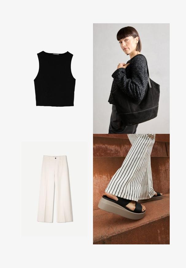 Czarny bezrękawnik crop top z gładkiego materiału, z okrągłym dekoltem i czystym, prostym wzornictwem, bez wzorów czy metalowych elementów.; Kremowe spodnie szerokie z dopasowanym krojem, z dwoma przednimi kieszeniami i pojedynczym zapięciem na guzik z przodu, wykonane z gładkiego materiału.; Czarne klapki na szerokim pasku krzyżowym, z grubą beżową podeszwą, zestawione z kremowymi spodniami w paski i dzwonami na czerwonawym podłożu.; Czarna torba tote zamszowa o gładkiej fakturze, strukturalnym kształcie i kontrastowym przeszyciu. Posiada długie rączki do noszenia na ramieniu.