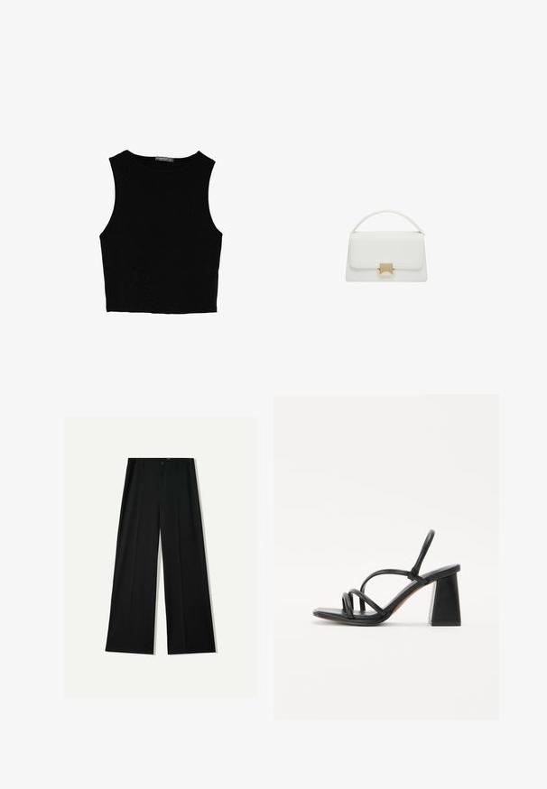 Schwarzes ärmelloses Crop-Top aus glattem Stoff, mit rundem Ausschnitt und einem klaren, schlichten Design ohne Muster oder Beschläge.; Bershka WIDE - Stoffhose - black; Schwarze High-Heelsandalette mit quadratischem, klobigem Absatz, ausgestattet mit mehreren dünnen Riemen über dem Fuß und einem offenen Rückendesign. Glatte Lederoberfläche.; Weiße Lederhandtasche mit strukturiertem Design, ausgestattet mit einem oberen Griff und einem goldfarbenen Verschluss. Glatte Textur und minimalistische Akzente.