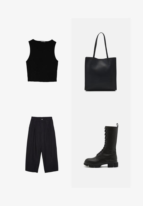 Top corto senza maniche nero realizzato in tessuto liscio, con scollatura rotonda e un design pulito e semplice, privo di pattern o accessori.; Pantaloni culotte neri in poliestere con una cintura elastica, due pieghe frontali e una silhouette ampia. Nessun motivo visibile o dettagli in metallo.; Copenhagen Studios CPH564 - Stivali con plateau - black; Borsa tote in pelle nera con texture liscia, forma rettangolare e due manici lunghi. Nessun hardware o decorazione visibile.