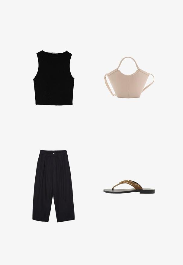 Čierny bezrukávový crop top vyrobený z hladkej tkaniny, so zaobleným výstrihom a čistým, jednoduchým dizajnom bez vzorov alebo kovania.; Čierne polyesterové culotte nohavice s elastickým pásom, dvoma prednými záhybmi a voľným strihom. Žiadne viditeľné vzory ani detaily z kovu.; Hnedé zamšové žabky s jedným remienkom, ktorý je ozdobený zlatými nitmi, čiernou vonkajšou podrážkou, plochým dizajnom a jednoduchým, minimalistickým tvarom.; Béžová kožená kabelka s unikátnym tvarom, vybavená dvoma krátkymi uchami a jedným dlhým nastaviteľným popruhom. Hladký povrch s minimálnym kovovým príslušenstvom.