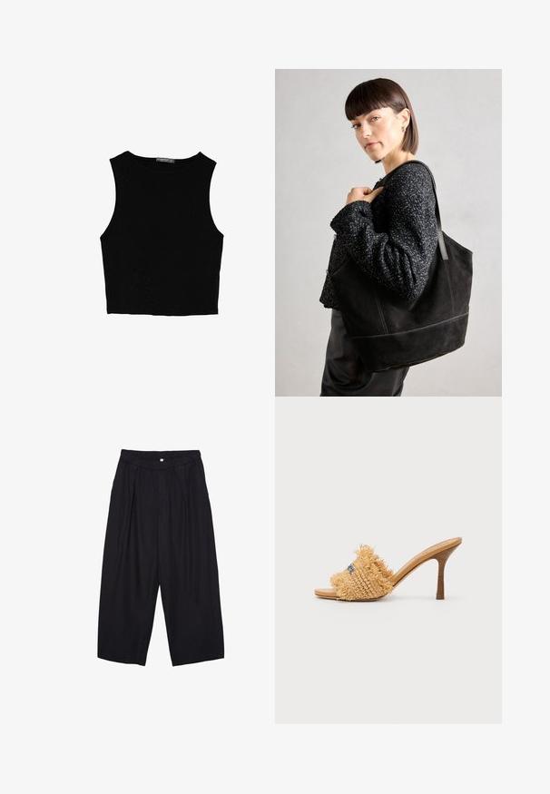 Musta hihaton crop-top, joka on valmistettu sileästä kankaasta, jossa on pyöreä kaula-aukko ja siisti, yksinkertainen muotoilu ilman kuvioita tai varusteita.; Musta polyesterinen culotte-housut, jossa on joustava vyötärö, kaksi etupleettiä ja löysä siluetti. Ei näkyviä kuvioita tai metallisia yksityiskohtia.; Valkkaava oljenkorsista valmistettu korkokenkä ruskeassa värissä, jossa on fringed-yksityiskohtia ja sinisiä korostuksia. Kenkässä on pyöristetty avoin varvas ja kapeneva stiletto-korko.; Musta mokkanahkainen laukku, jossa on sileä pinta, jämäkkä muoto ja kontrastivärinen ommel. Varustettu pitkillä hihnoilla olalla kantamista varten.