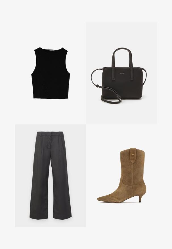 Černý bezsleeve crop top vyrobený z hladké tkaniny, s kulatým výstřihem a čistým, jednoduchým designem bez vzorů nebo kovových doplňků.; Kalhoty s širokými nohavicemi v černé látce, s vysokým pasem, předními sklady a decentními kapsami. Hladký povrch s čistým provedením.; Hnědá semišová kotníková bota s špičatou špičkou a nízkým kitten podpatkem. Obsahuje dekorativní prošívání a poutko na zadní straně pro snadné obouvání.; Černá kabelka s dvojitými krátkými uchy a odnímatelným ramenním popruhem. Hladký koženkový materiál s uzávěrem na zip a detailem loga.