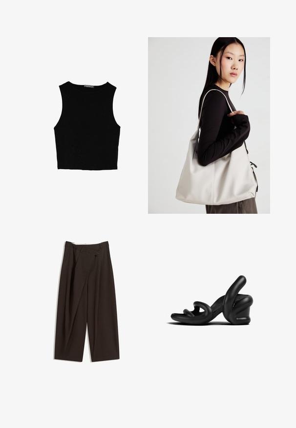 Musta hihaton crop-top, joka on valmistettu sileästä kankaasta, jossa on pyöreä kaula-aukko ja siisti, yksinkertainen muotoilu ilman kuvioita tai varusteita.; Tummanruskeat leveälahkeiset housut, joissa on korkea vyötärö, yhden napin sulkea ja pleatattu etuosa. Valmistettu kevyestä kankaasta.; Mustat korkokenkäsandaletit, joissa on veistoksellinen kumimuotoilu. Varustettu kaarevilla remmeillä ja tukevalla kannalla. Sileä matta pinta.; Beige laukku, joka on valmistettu pehmeästä materiaalista, ja siinä on rento muotoilu, ommeltu yksityiskohtia ja kaksi olkahihnaa. Sopii päivittäiseen käyttöön.