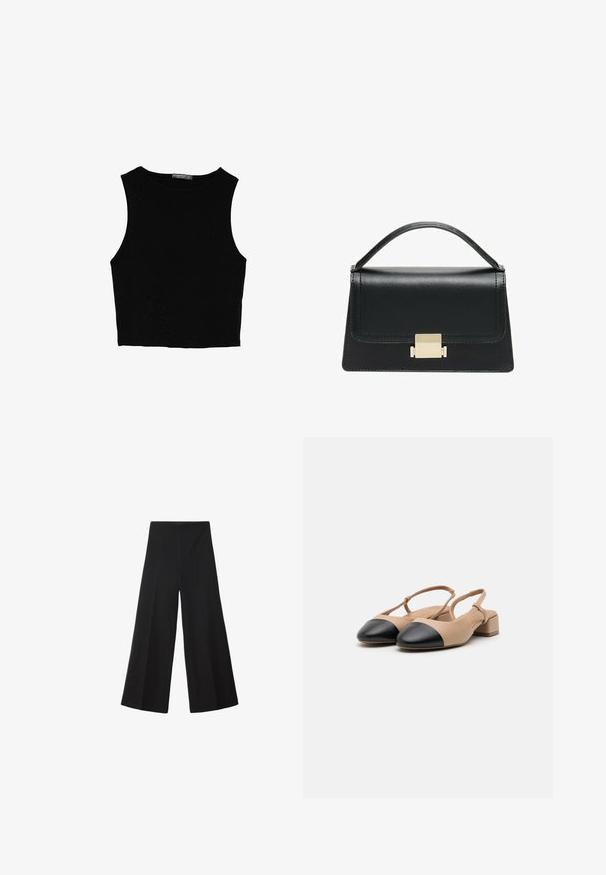 Sort ærmeløs crop top lavet af glat stof, med rund hals og et rent, enkelt design uden mønstre eller hardware.; Sorte vide bukser lavet af et glat stof, med høj talje og stikninger foran for ekstra volumen. Ingen synlige lukninger eller lommer.; Beige læder slingback sko med sort tophætte, blokhæle og justerbar rem. Glat tekstur og minimalistisk design.; Sort læderhandtaske med et struktureret design, topbærerhåndtag og en detalje i guldfarvet metalklap på fronten. Glat tekstur, minimal syning.