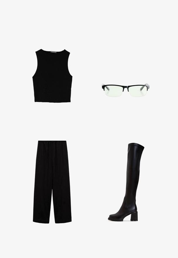 Black sleeveless crop top made of smooth fabric, featuring a round neck and a clean, simple design without patterns or hardware.; Black wide-leg pants with an elastic waistband and drawstring, made from soft fabric, featuring a smooth texture and no additional patterns.; Black, knee-high, leather boots with a chunky heel, smooth texture, and a rounded toe; features visible stitch details on the upper.; Black rectangular eyeglasses with clear lenses, featuring sleek black frames and gray transparent temple tips. Minimalist design, no visible branding.; Light gray leather handbag with a curved shape, gold hardware, a front clasp, and stitched detailing. Adjustable shoulder strap included.