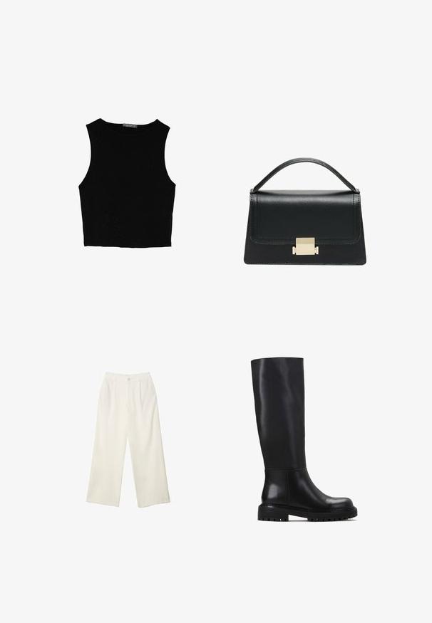 Čierny bezrukávový crop top vyrobený z hladkej tkaniny, so zaobleným výstrihom a čistým, jednoduchým dizajnom bez vzorov alebo kovania.; Široké nohavice z krémovej látky s hladkou textúrou, s jedným predným gombíkom, jemnými skladmi a vysokým pásom.; Čierne vysoké čižmy z hladkej kože. Majú zaoblenú špičku, pevnú podrážku so ryhovaním a minimalistický dizajn.; Čierna kožená kabelka so štruktúrovaným prevedením, horným madlom a detailom zlatého kovového uzáveru na prednej strane. Hladká textura, minimálne šitie.