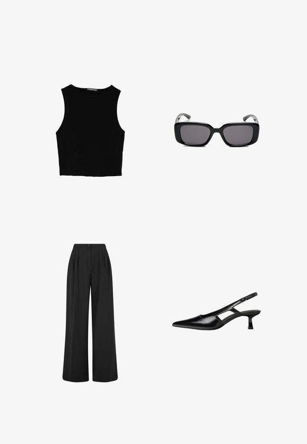 Črn brez rokavov crop top, izdelan iz gladkega materiala, z okroglim izrezom in čistim, preprostim dizajnom brez vzorcev ali dodatkov.; Črne široke hlače z visokim pasom, sprednjimi gubami in enim gumbom za zapiranje. Gladka tkanina s čistim, minimalističnim oblikovanjem.; Črne patentični usnjeni salonarji s slingback designom, z zašiljenim nosom, izrezanim stranskim dizajnom in majhnim kvadratnim peto. Gladka tekstura z minimalnimi detajli.; Črne pravokotne sončne očala z temnimi lečami, gladkim plastičnim okvirjem in ukrivljenimi nogicami. Oblika je robustna in minimalistična.