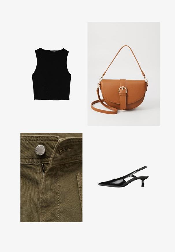 Črn brez rokavov crop top, izdelan iz gladkega materiala, z okroglim izrezom in čistim, preprostim dizajnom brez vzorcev ali dodatkov.; Olive zelena bombažna tkanina z vidnim zadrgo in kovinskim gumbom; vsebuje šivano konstrukcijo in stransko žep.; Črne patentični usnjeni salonarji s slingback designom, z zašiljenim nosom, izrezanim stranskim dizajnom in majhnim kvadratnim peto. Gladka tekstura z minimalnimi detajli.; Rjava usnjena torbica prek telesa s ukrivljeno obliko, zlate opreme in sponko. Ima odstranljiv naramni trak.