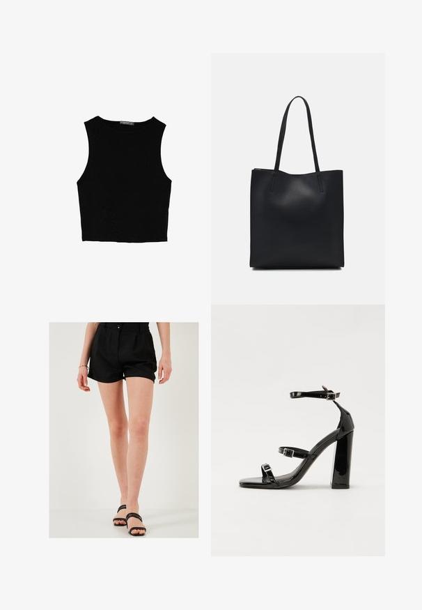 Musta hihaton crop-top, joka on valmistettu sileästä kankaasta, jossa on pyöreä kaula-aukko ja siisti, yksinkertainen muotoilu ilman kuvioita tai varusteita.; Mustat pellavashortsit, joissa on räätälöity istuvuus, etupleat ja yksittäinen nappikiinnitys. Yhdistetty mustiin liukuviin sandaaleihin.; Musta kiiltävä korkokenkä sandaalit neliönmuotoisella varpaalla, nilkkaremmillä ja hopeisilla soljilla. Varustettu tukevalla lohkokorkealla vakauden takaamiseksi.; Mustapahkainen kangaskassi, jossa on sileä pinta, suorakaiteen muotoinen ja kaksi pitkää kahvaa. Ei näkyvää metalliosaa tai koristeita.