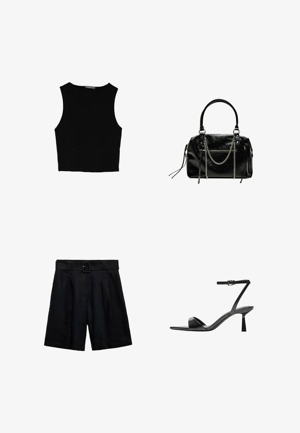 Čierny bezrukávový crop top vyrobený z hladkej tkaniny, so zaobleným výstrihom a čistým, jednoduchým dizajnom bez vzorov alebo kovania.; Čierne ľanové šortky s voľným strihom, s opaskom v páse, záhybmi a dvomi bočnými vreckami. Hladká textúra s jednofarebným vzhľadom.; Bershka Sandále na vysokom opätku - black; Bershka WITH CHAIN - Kabelka - black