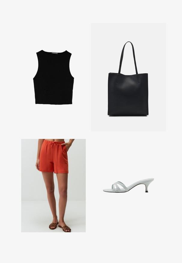 Schwarzes ärmelloses Crop-Top aus glattem Stoff, mit rundem Ausschnitt und einem klaren, schlichten Design ohne Muster oder Beschläge.; Jimmy Key WITH TIE WAIST - Jogginghose - orange; Hellgraue Absätze mit drei überkreuzten Riemen, schlankem Profil und spitz zulaufendem Absatz. Glatte Textur mit leicht glänzendem Finish.; Schwarze Laptoptasche aus Leder mit glatter Textur, rechteckiger Form und zwei langen Griffen. Keine sichtbaren Beschläge oder Verzierungen.