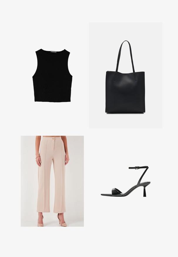Sort ærmeløs crop top lavet af glat stof, med rund hals og et rent, enkelt design uden mønstre eller hardware.; Beige højtaljede bukser med vidde lavet af tekstureret stof, der har en frontknaplukning og sidelommer, med en ren finish.; Bershka Højhælede sandaletter / Højhælede sandaler - black; Sort læder tote taske med glat tekstur, rektangulær form og to lange hanke. Ingen synlig hardware eller udsmykninger.