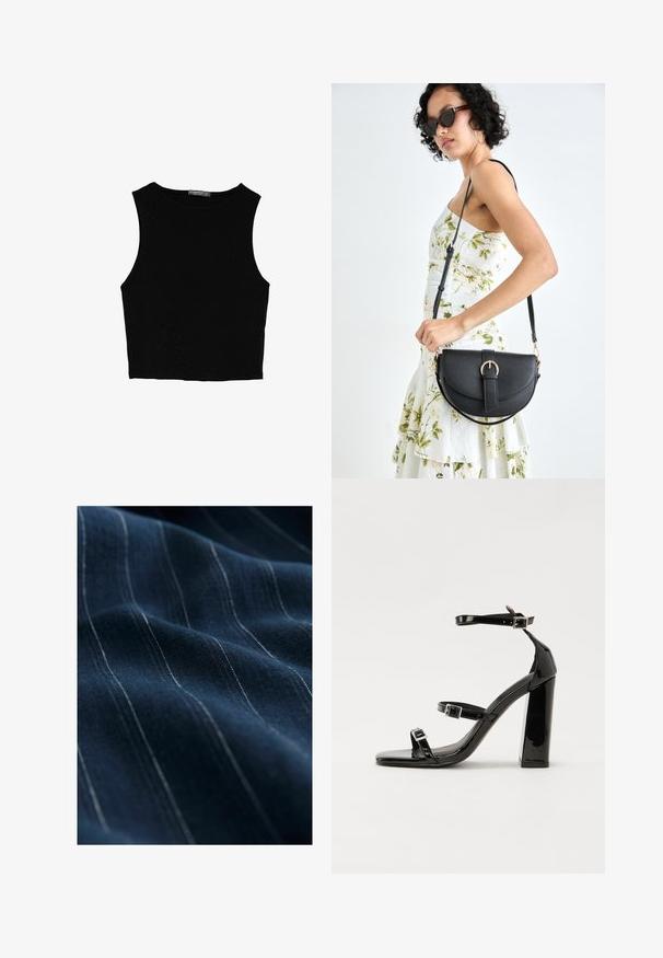 Schwarzes ärmelloses Crop-Top aus glattem Stoff, mit rundem Ausschnitt und einem klaren, schlichten Design ohne Muster oder Beschläge.; Marineblauer Stoff mit feinen weißen vertikalen Streifen, der eine glatte Textur und einen leichten Glanz aufweist, gefaltet, um seinen Fall und seine Weichheit zu betonen.; Schwarze patentierte Sandalen mit Absatz, quadratischer Spitze, Knöchelriemen und silbernen Schnallen. Mit einem stabilen Blockabsatz für mehr Stabilität.; Schwarze Lederhandtasche mit geschwungener Form, abnehmbarem Tragegurt und goldenen Beschlägen. Die Tasche verfügt über einen Deckel mit einer Schnallen-Details.
