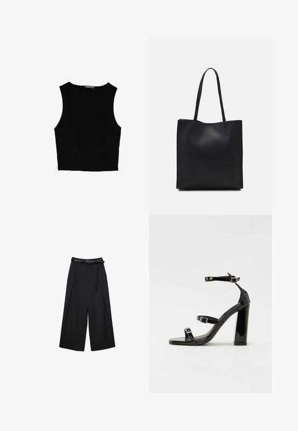Čierny bezrukávový crop top vyrobený z hladkej tkaniny, so zaobleným výstrihom a čistým, jednoduchým dizajnom bez vzorov alebo kovania.; Čierne široké nohavice vyrobené z hladkej tkaniny, s vysokým pásom a pútkami na opasok, so záhybmi vpredu a bez viditeľných vzorov.; Čierne lakované sandále na podpätku so štvorcovou špičkou, navlečenými remienkami okolo členku a striebornými prackami. Disponujú masívnym blokovým podpätkom pre stabilitu.; Čierna kožená taška na rameno s hladkým povrchom, obdĺžnikovým tvarom a dvoma dlhými uchami. Bez viditeľného kovania alebo ozdôb.