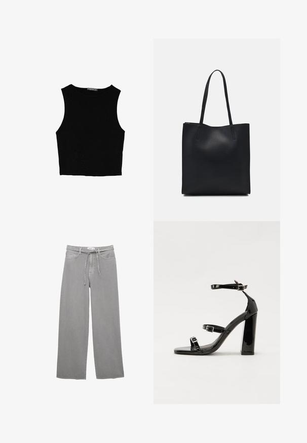 Schwarzes ärmelloses Crop-Top aus glattem Stoff, mit rundem Ausschnitt und einem klaren, schlichten Design ohne Muster oder Beschläge.; Weite graue Jeanshose mit elastischem Bund, fünf Taschen und einer strukturierten Oberfläche. Einfaches und vielseitiges Design.; Schwarze patentierte Sandalen mit Absatz, quadratischer Spitze, Knöchelriemen und silbernen Schnallen. Mit einem stabilen Blockabsatz für mehr Stabilität.; Schwarze Laptoptasche aus Leder mit glatter Textur, rechteckiger Form und zwei langen Griffen. Keine sichtbaren Beschläge oder Verzierungen.