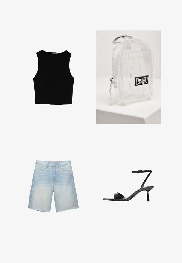 Musta hihaton crop-top, joka on valmistettu sileästä kankaasta, jossa on pyöreä kaula-aukko ja siisti, yksinkertainen muotoilu ilman kuvioita tai varusteita.; Vaaleansiniset farkkushortsit suoralla leikkauksella, joissa on niittikoristeet sivusaumojen varrella ja hapsutettu helma. Kaksi etutaskua näkyvissä.; Bershka Korolliset sandaalit - black; Kirkas PVC-mini-reppu valkoisella vetoketjulla ja hihnalla. Varustettu mustalla logopatchilla ja hopeasella karabiinilla. Tiivis suorakulmainen muoto.