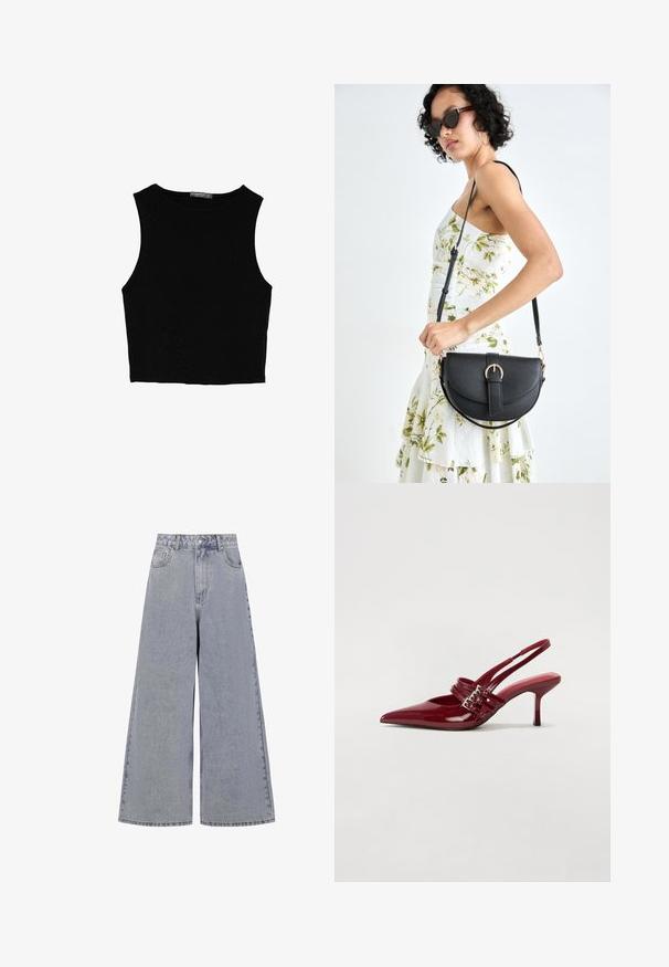 Černý bezsleeve crop top vyrobený z hladké tkaniny, s kulatým výstřihem a čistým, jednoduchým designem bez vzorů nebo kovových doplňků.; Světle modré džínové kalhoty s širokým střihem, vysokým pasem, čtyřmi kapsami a klasickým zapínáním na knoflík, s jemným vyblednutím.; Červené lakované kožené lodičky na podpatku s špičatou špičkou, dvěma přezkami a štíhlým, středně vysokým jehlovým podpatkem. Hladký povrch.; Černá kožená kabelka s křivkovým tvarem, odnímatelným popruhem a zlatými detaily. Kabelka má klopu s přezkou.