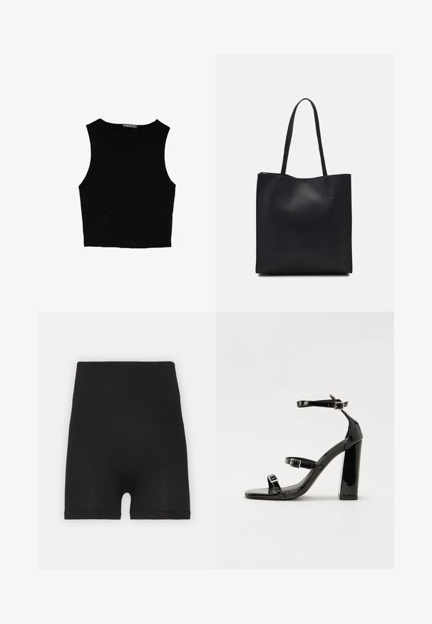 Černý bezsleeve crop top vyrobený z hladké tkaniny, s kulatým výstřihem a čistým, jednoduchým designem bez vzorů nebo kovových doplňků.; Černé vroubkované cyklistické šortky s vysokým pasem a měkkou texturou, s hladkým povrchem a bez viditelných švů.; Černé lakované sandály na podpatku se čtveratou špičkou, lýtkovými pásky a stříbrnými přezkami. Disponují masivním blokovým podpatkem pro stabilitu.; Černá kožená taška přes rameno s hladkým povrchem, obdélníkovým tvarem a dvěma dlouhými uchy. Žádné viditelné kování ani ozdoby.