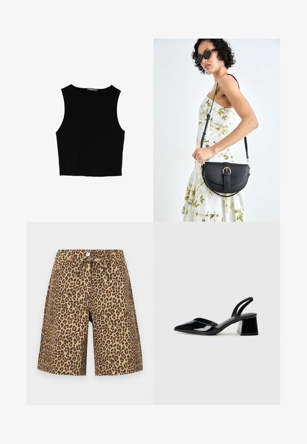 Top court sans manches noir en tissu lisse, avec un col rond et un design épuré, simple, sans motifs ni accessoires.; Shorts en imprimé léopard avec une base beige, dotés d'une taille à cordon, de poches et d'un tissu doux et texturé.; Escarpins en cuir verni noir avec bout pointu et talon bloc géométrique. Présente un design élégant et minimaliste ainsi qu'une texture lisse.; Sac à main en cuir noir avec une forme courbée, bandoulière amovible et des accessoires en or. Le sac est doté d'un rabat avec un détail de boucle.