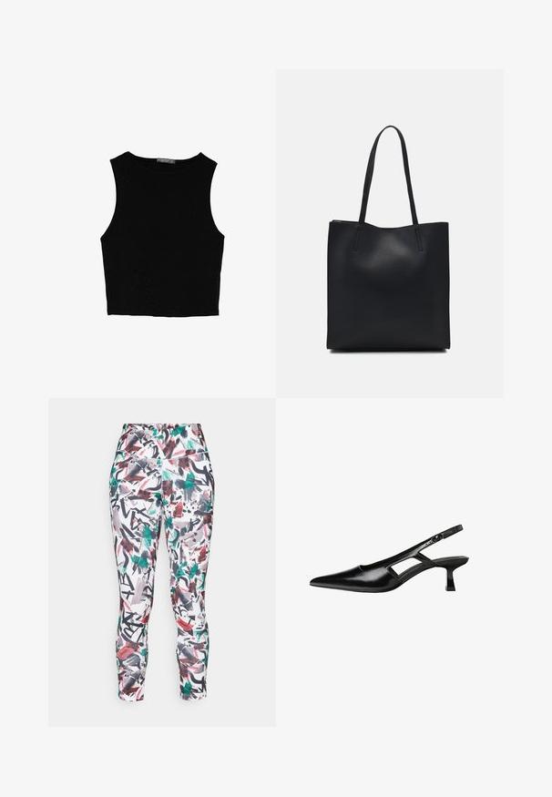 Musta hihaton crop-top, joka on valmistettu sileästä kankaasta, jossa on pyöreä kaula-aukko ja siisti, yksinkertainen muotoilu ilman kuvioita tai varusteita.; Tiukasti istuvat legginsit, joissa on värikäs abstrakti kuvio punaisella, vihreällä ja mustalla valkoisella pohjalla. Valmistettu venyvästä materiaalista.; Mustat lakatut nahkakengät, joissa on viistopää, leikattu sivusuunnassa ja pieni neliökoroke. Sujuva pinta, jossa on minimaalinen koristelu.; Mustapahkainen kangaskassi, jossa on sileä pinta, suorakaiteen muotoinen ja kaksi pitkää kahvaa. Ei näkyvää metalliosaa tai koristeita.