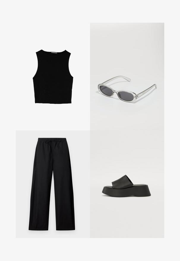 Čierny bezrukávový crop top vyrobený z hladkej tkaniny, so zaobleným výstrihom a čistým, jednoduchým dizajnom bez vzorov alebo kovania.; Čierne široké nohavice s elastickým pásom a šnúrkou na uťahovanie. Vyrobené z ľahkého materiálu, s hladkou textúrou a jednoduchým dizajnom.; Čierne platformové sandále s širokým remienkom a hrubou podrážkou. Vyrobené z hladkého materiálu s matným povrchom a bez viditeľných kovových prvkov.; Slnečné okuliare oválneho tvaru, s priehľadným plastovým rámom, tmavošedými šošovkami a tenkými priehľadnými ramienkami s logovými akcentmi a minimálnym detailovaním.; Čierna kožená hobo taška so hladkou textúrou, zakriveným tvarom a jedným nastaviteľným popruhom; má široké otvorenie na vrchu.