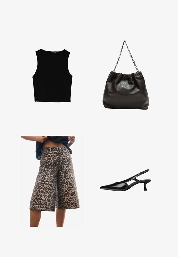 Czarny bezrękawnik crop top z gładkiego materiału, z okrągłym dekoltem i czystym, prostym wzornictwem, bez wzorów czy metalowych elementów.; Next - Szorty jeansowe; Czarne lakierowane czółenka na odkrytej pięcie z wąskim noskiem, z wykrojem po bokach i małym kwadratowym obcasem. Gładka faktura z minimalnymi akcentami.; Brązowa skórzana torba z marszczonym szczytem i łańcuszkowym paskiem. Gładka tekstura z błyszczącym wykończeniem i subtelnymi detalami szwów po bokach.