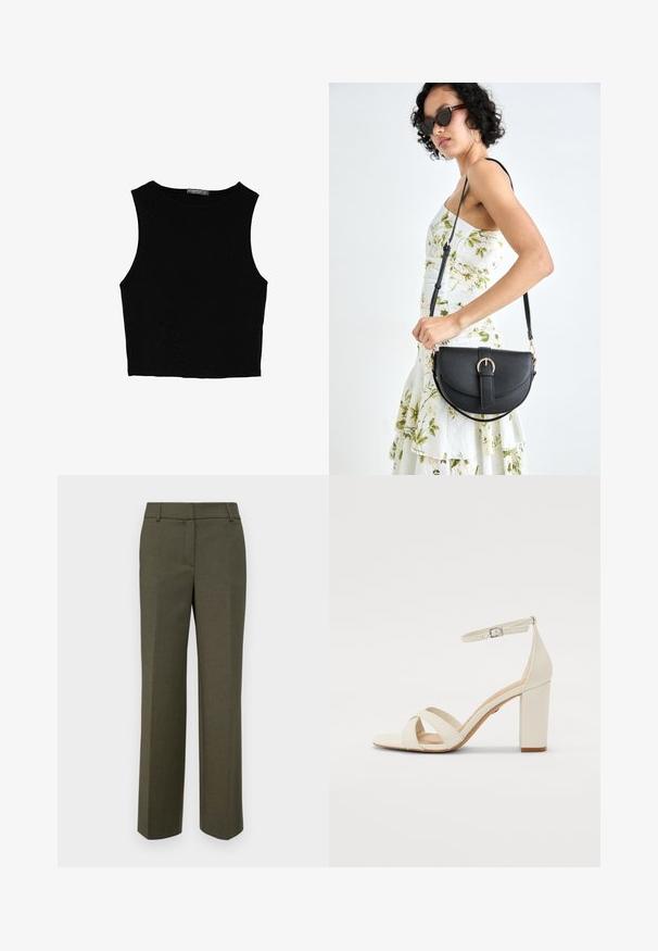 Svart ärmlös crop top i mjukt tyg, med rund hals och en ren, enkel design utan mönster eller detaljer.; Olivgrön skräddarsydda byxor gjorda av strukturerad väv. Har en rak bendesign med flat front och inga synliga dekorationer.; Krämfärgad klack sandal med fyrkantig tå, korsade remmar, ankelsnodd med spänne och en kraftig klack. Slät lädertextur.; Svart läderhandväska med en böjd form, avtagbar rem och guldiga detaljer. Väskan har ett lock med en spänndetalj.